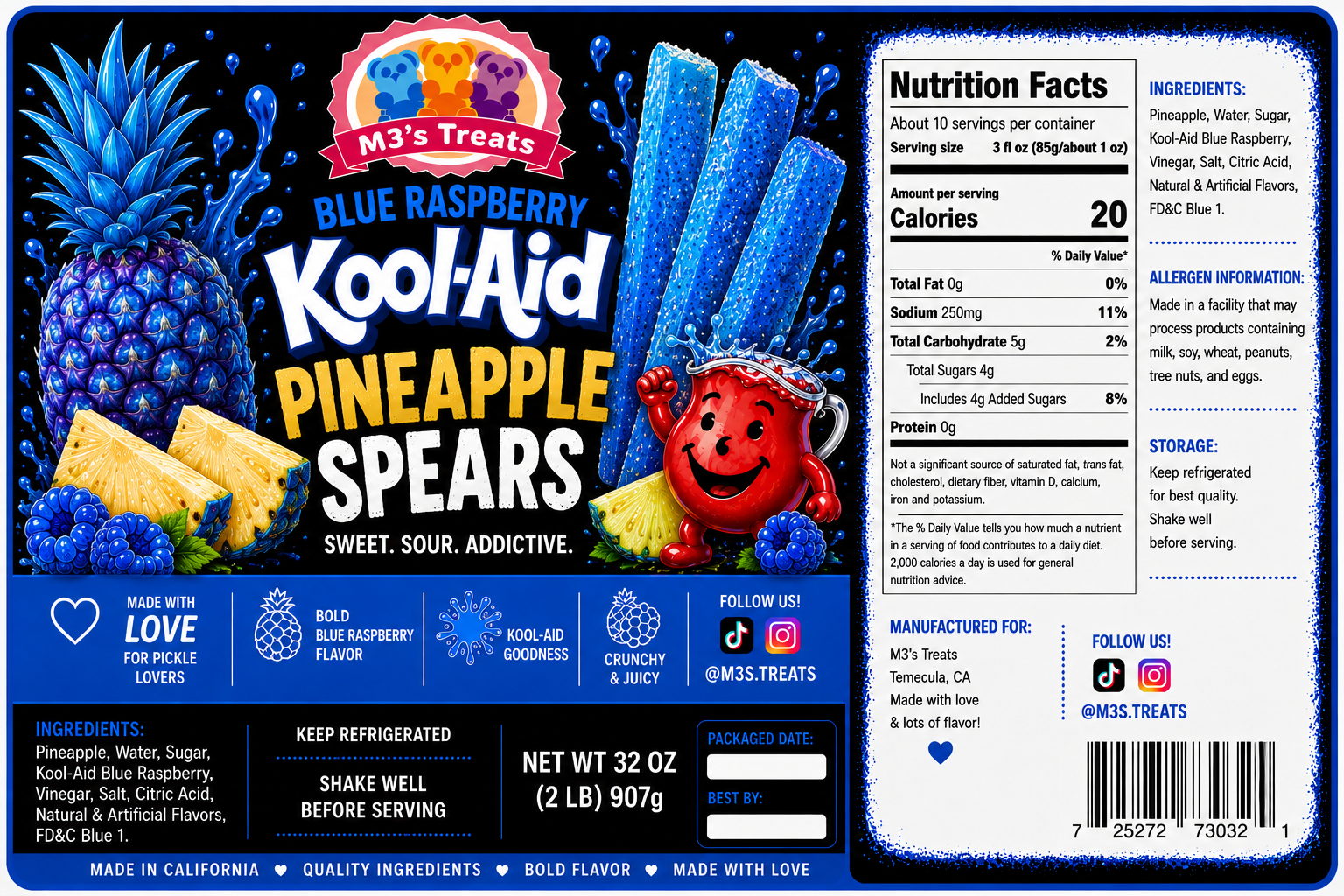 M3's Treats Blue Raspberry Kool-Aid Pineapple Spears label - Sweet, Sour, Addictive