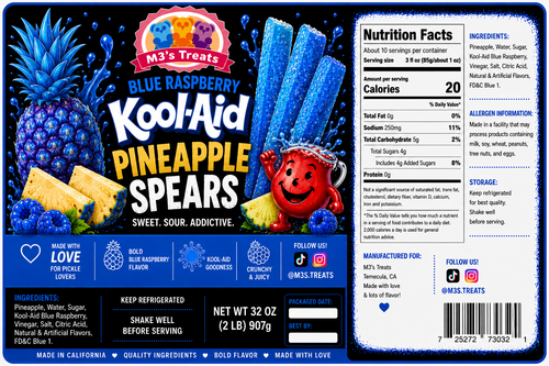 M3's Treats Blue Raspberry Kool-Aid Pineapple Spears label - Sweet, Sour, Addictive