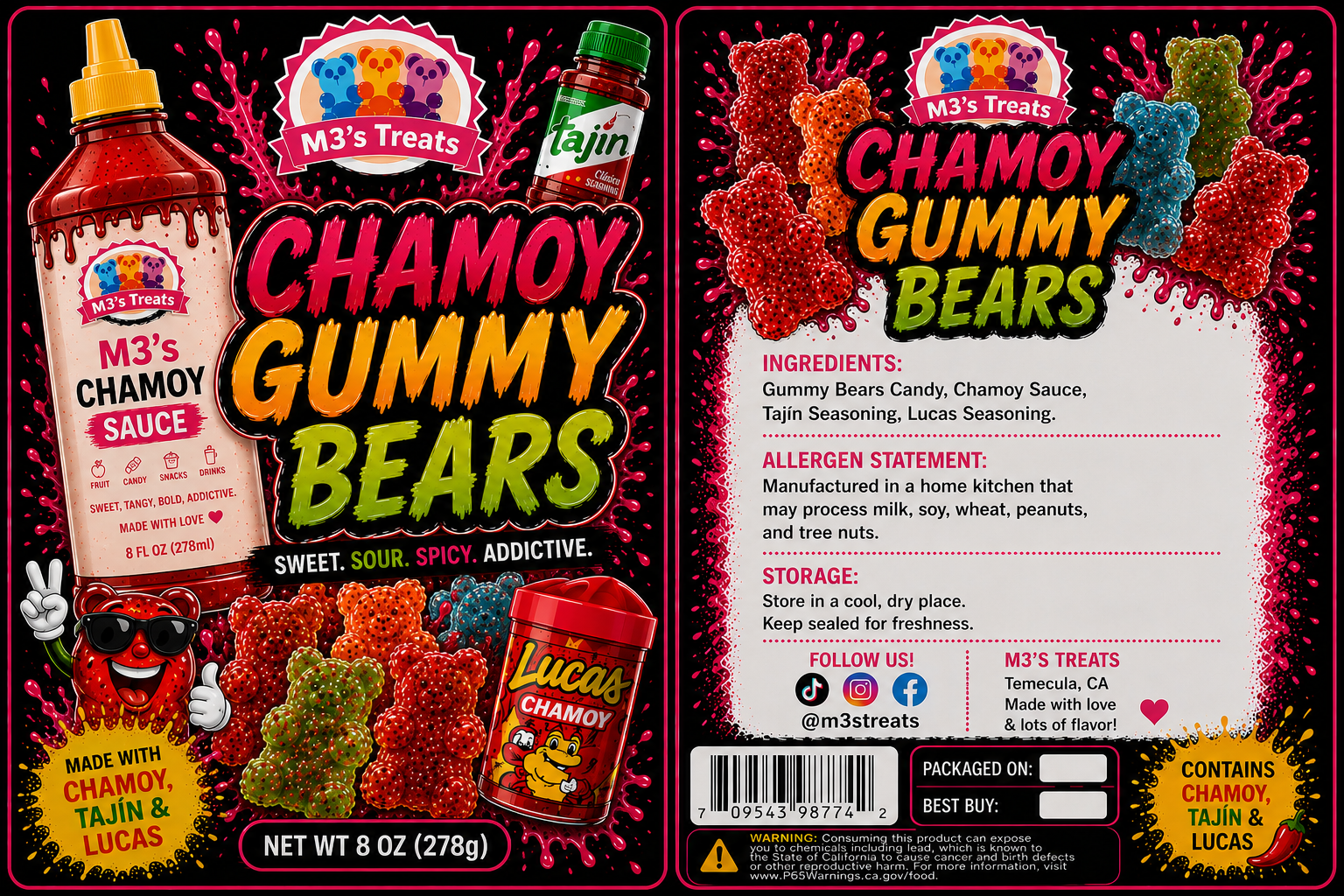 M3's Treats Chamoy Gummy Bears label - Sweet, Sour, Spicy, Addictive
