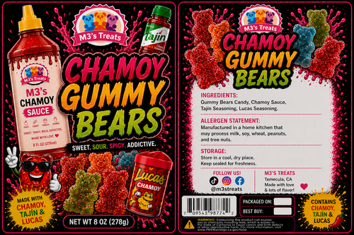 M3's Treats Chamoy Gummy Bears label - Sweet, Sour, Spicy, Addictive