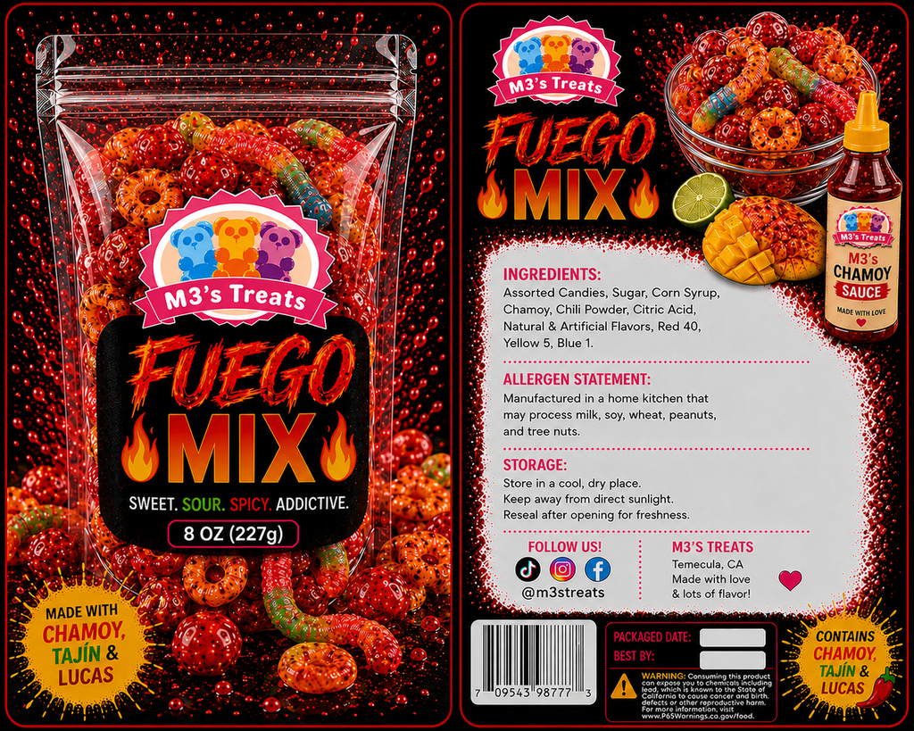 M3's Treats Fuego Mix label - Sweet, Sour, Spicy, Addictive