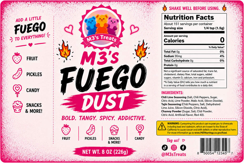 M3's Fuego Dust label - Bold, Tangy, Spicy, Addictive