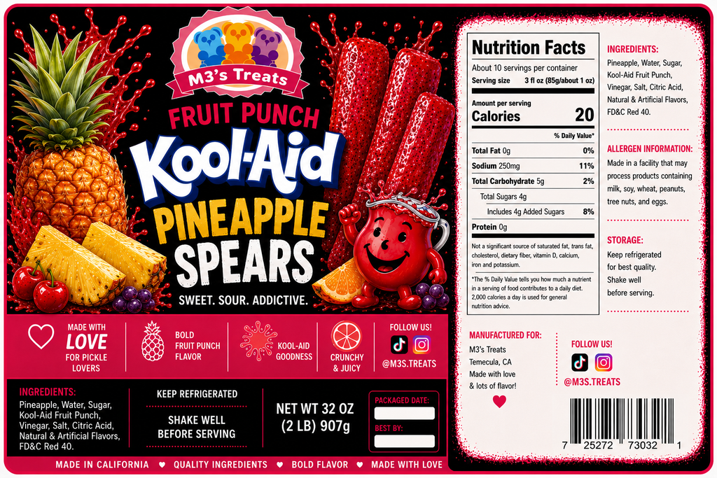 M3's Treats Fruit Punch Kool-Aid Pineapple Spears label - Sweet, Sour, Addictive