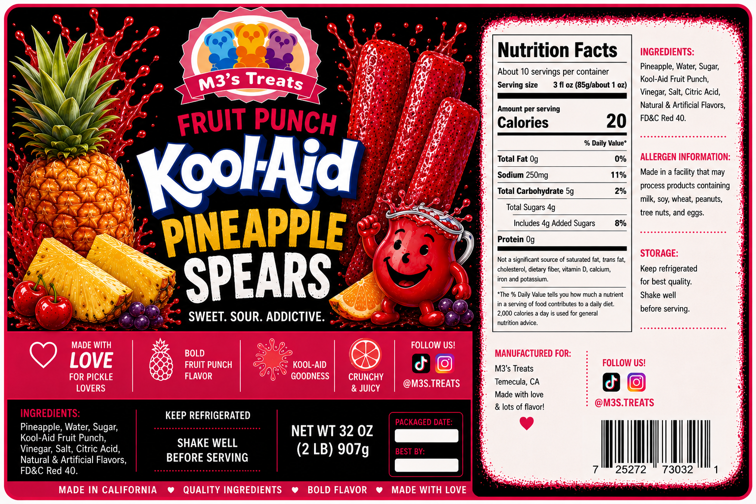 M3's Treats Fruit Punch Kool-Aid Pineapple Spears label - Sweet, Sour, Addictive
