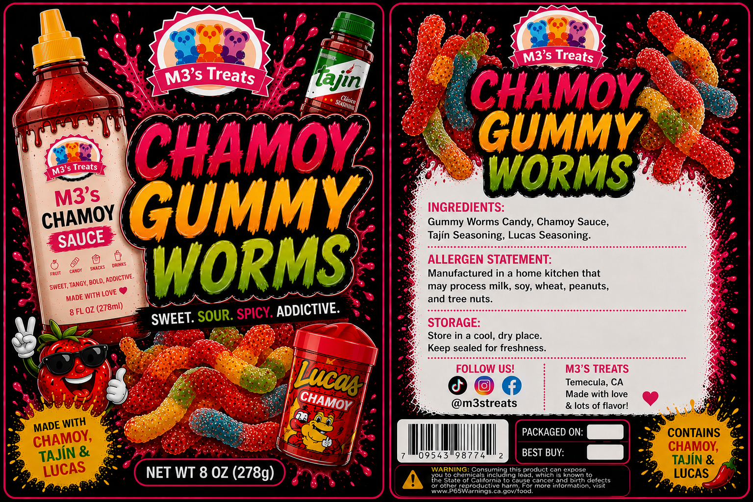 M3's Treats Chamoy Gummy Worms label - Sweet, Sour, Spicy, Addictive