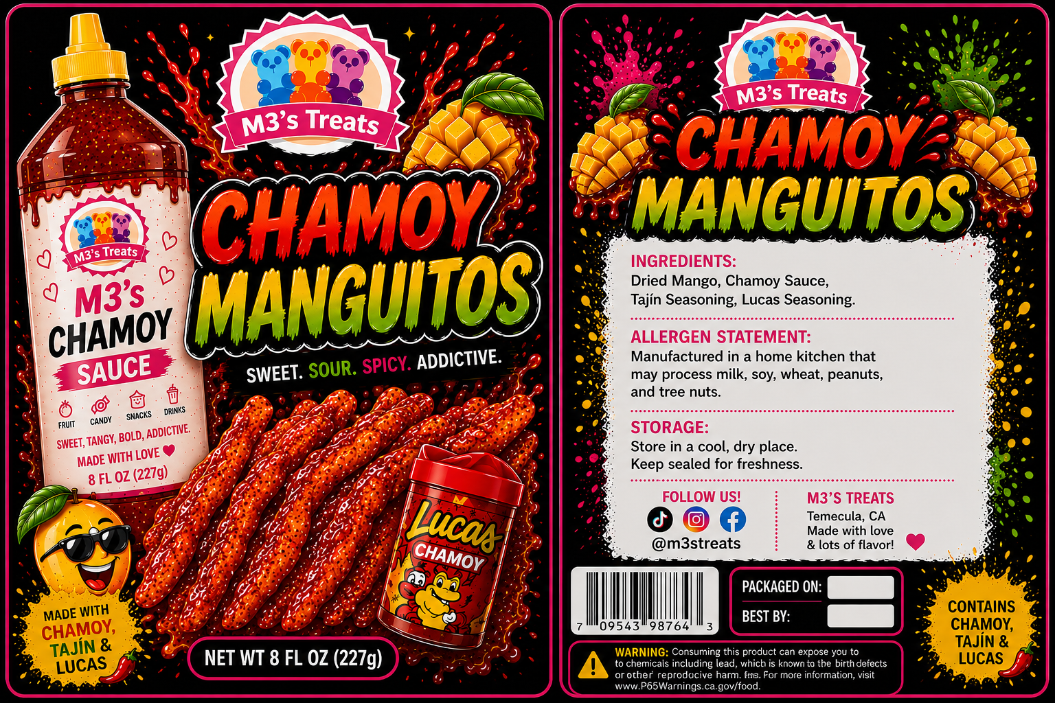M3's Treats Chamoy Manguitos label - Sweet, Sour, Spicy, Addictive