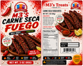 M3's Treats Carne Seca Fuego label - Bold, Smoky, Spicy, Addictive