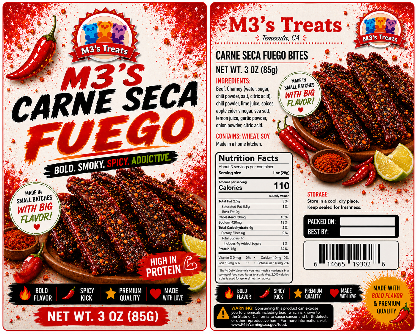 M3's Treats Carne Seca Fuego label - Bold, Smoky, Spicy, Addictive