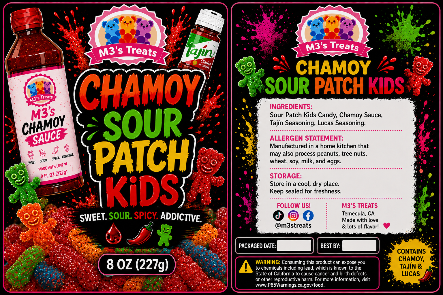 M3's Treats Chamoy Sour Patch Kids label - Sweet, Sour, Spicy, Addictive