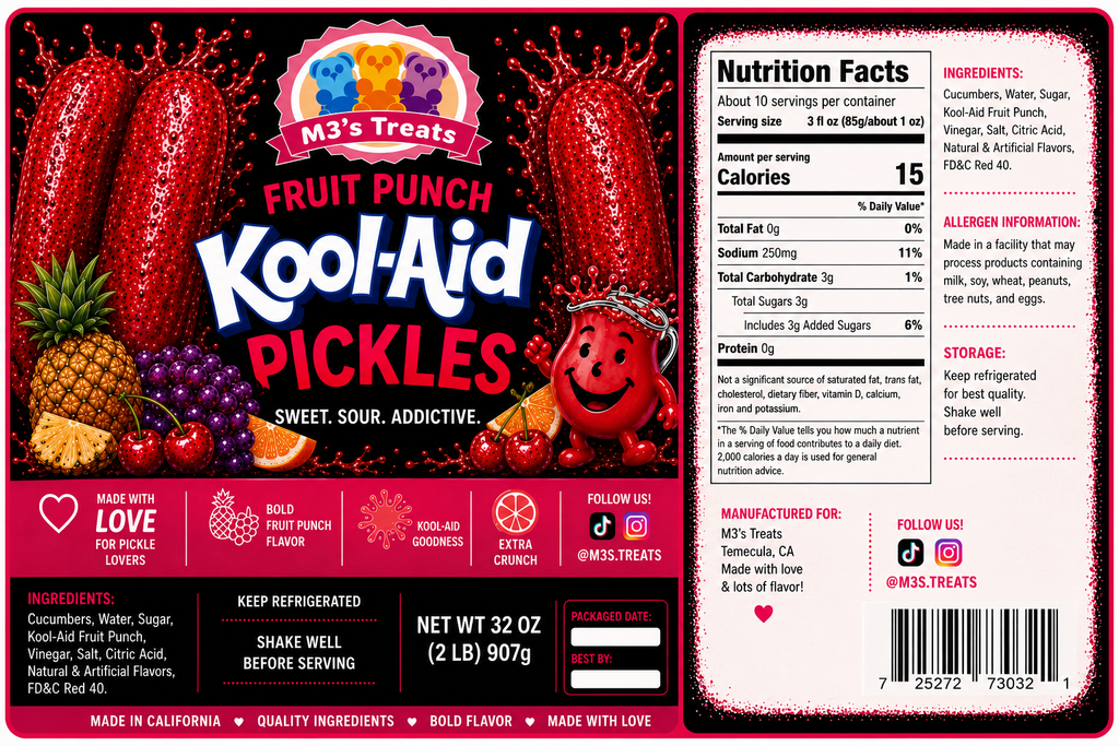 M3's Treats Fruit Punch Kool-Aid Pickles label - Sweet, Sour, Addictive