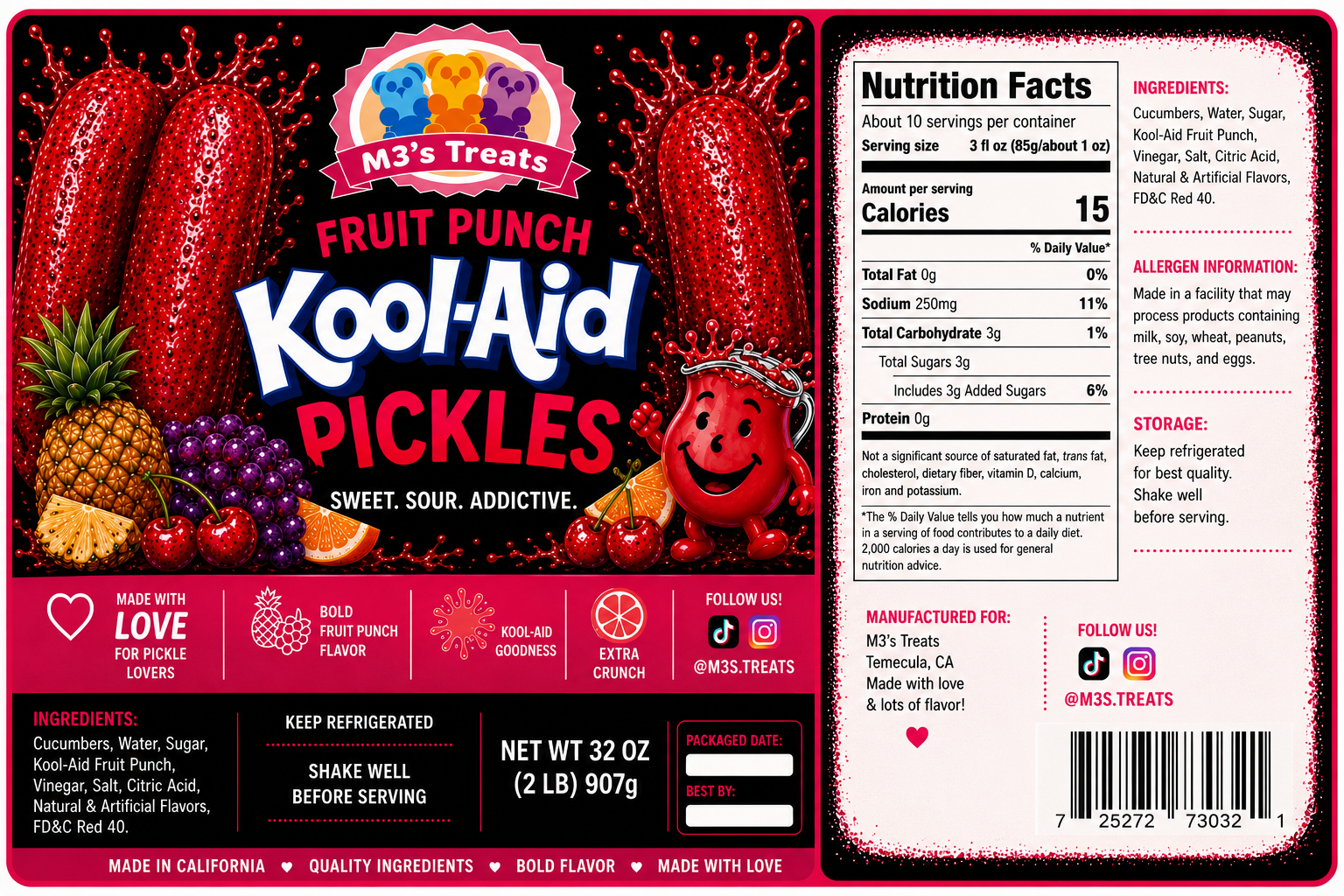 M3's Treats Fruit Punch Kool-Aid Pickles label - Sweet, Sour, Addictive
