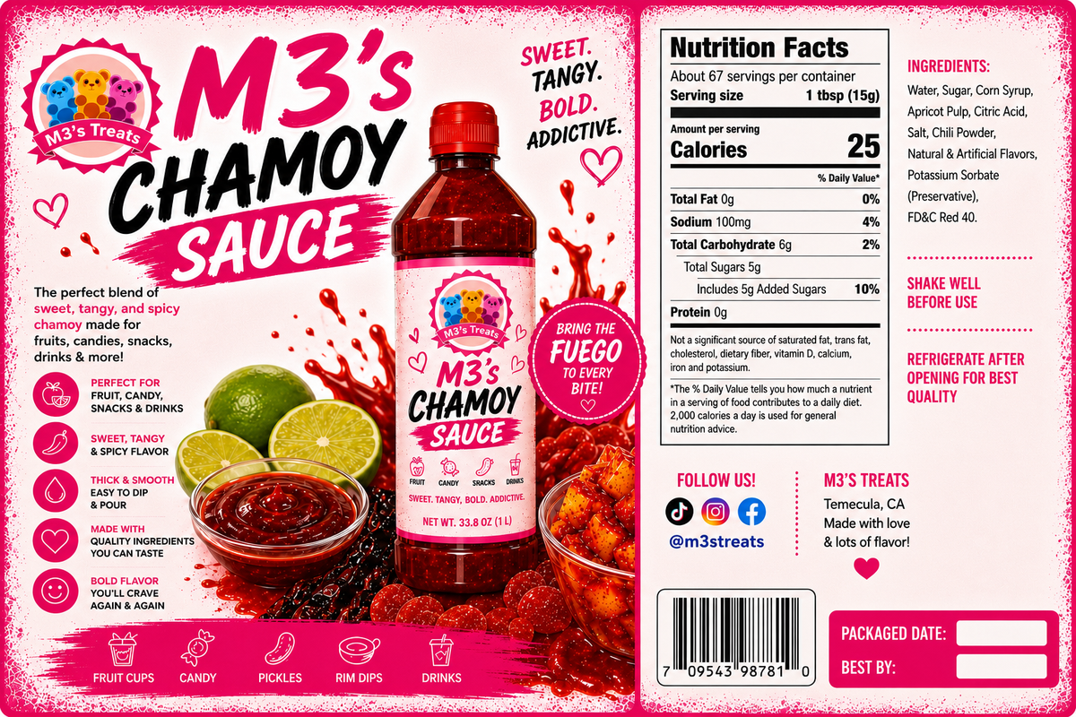 M3's Chamoy Sauce label - Sweet, Tangy, Bold, Addictive