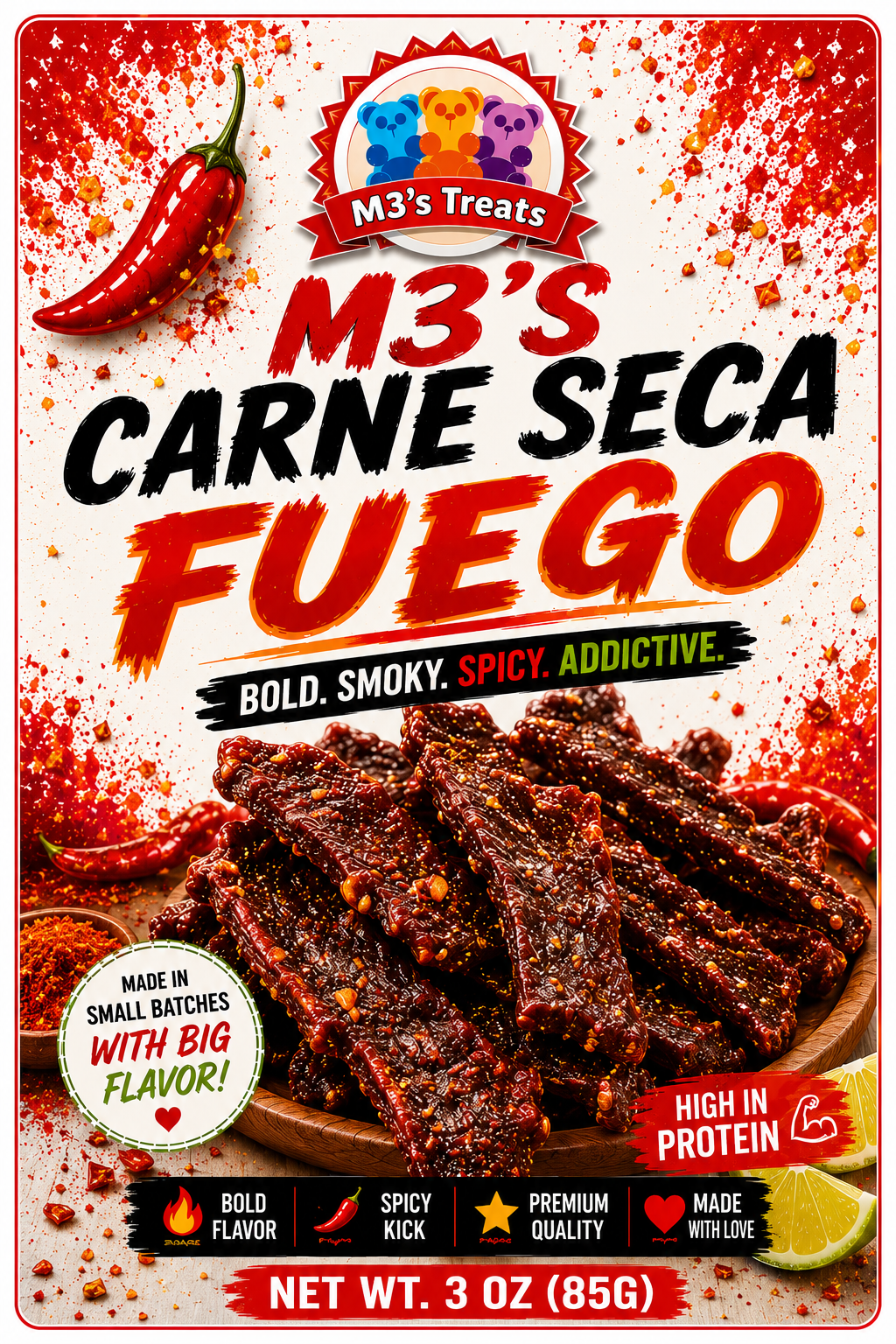 M3's Carne Seca Fuego – Bold Smoky Spicy Beef Snack 3oz