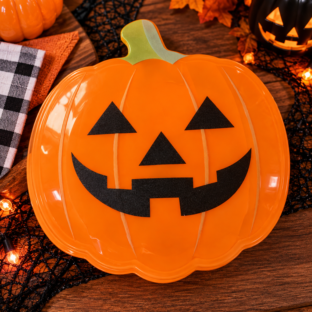 Orange jack-o'-lantern pumpkin container with lid on