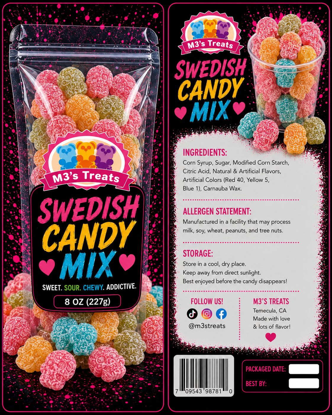M3's Treats Swedish Candy Mix label - Sweet, Sour, Chewy, Addictive