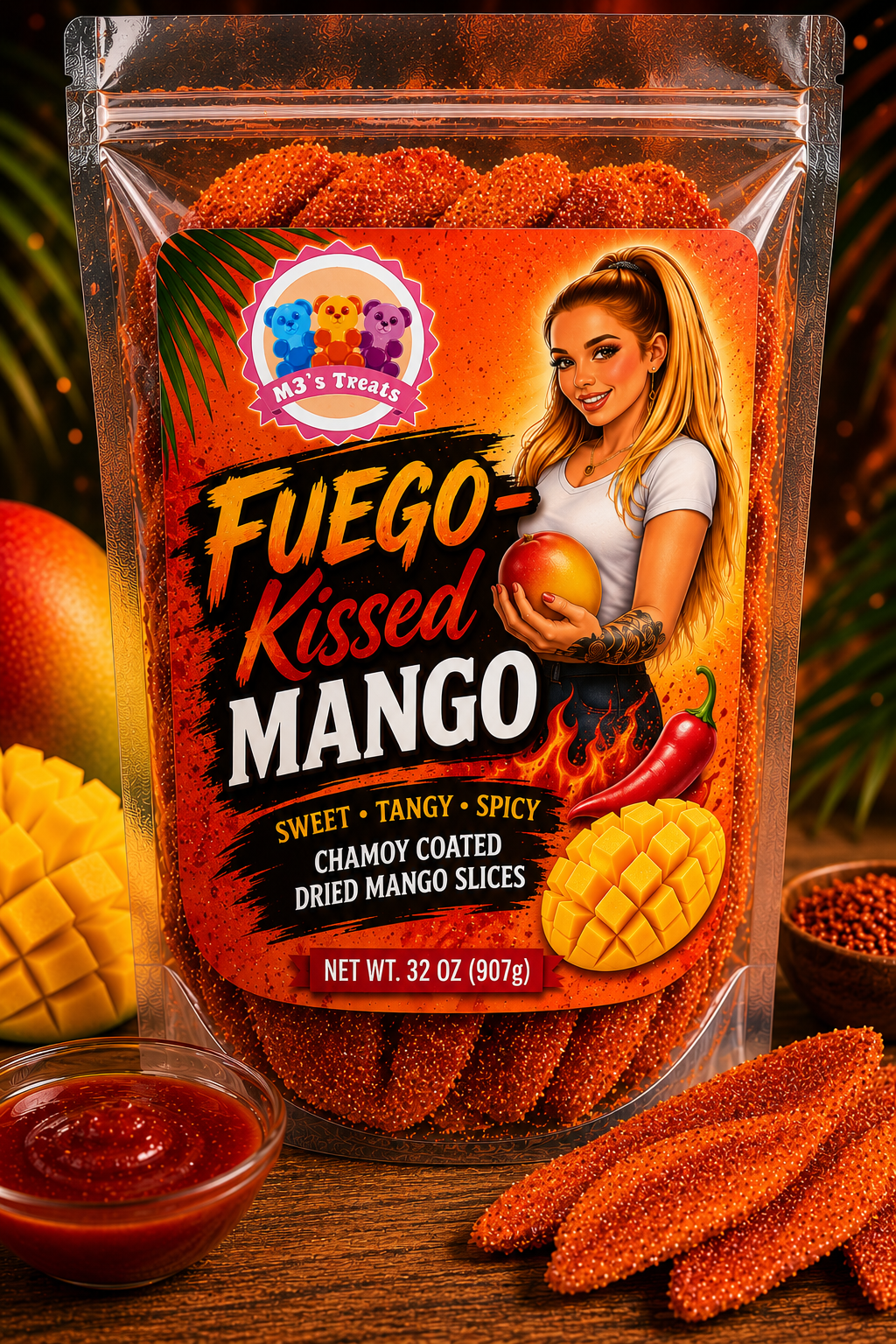 Fuego-Kissed Mango chamoy coated dried mango slices front packaging