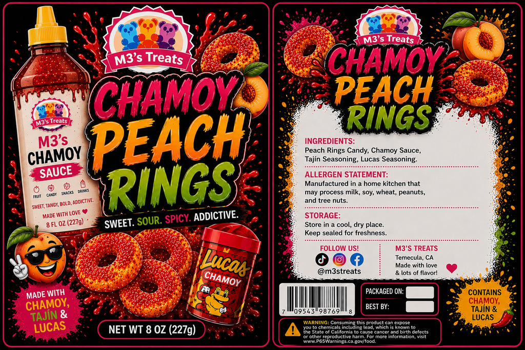 M3's Treats Chamoy Peach Rings label - Sweet, Sour, Spicy, Addictive