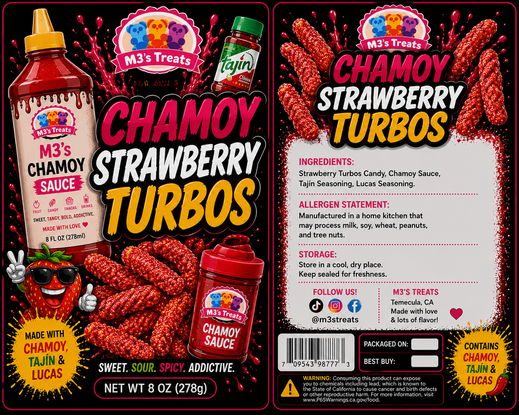 M3's Treats Chamoy Strawberry Turbos label - Sweet, Sour, Spicy, Addictive