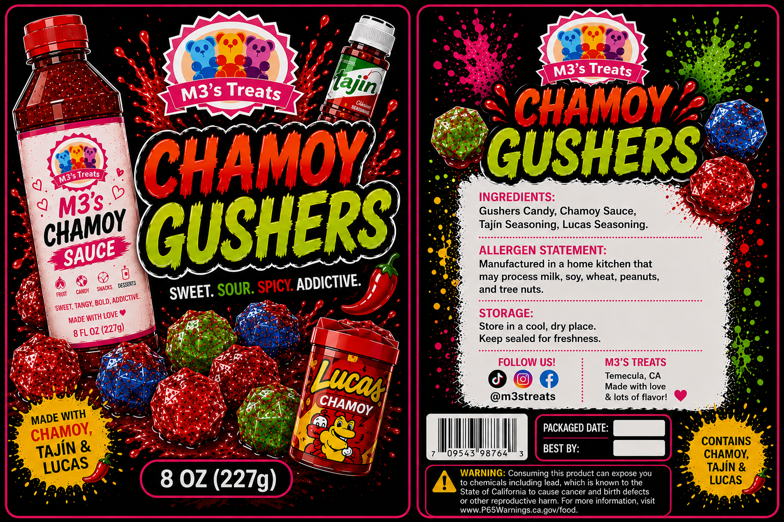 M3's Treats Chamoy Gushers label - Sweet, Sour, Spicy, Addictive