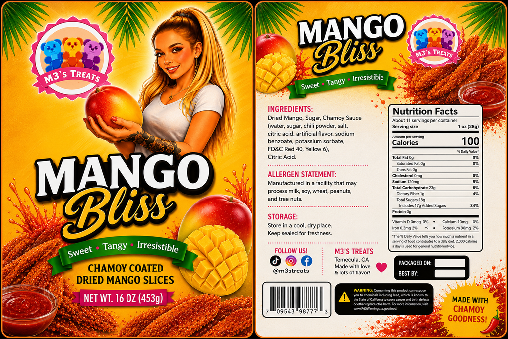 M3's Treats Mango Bliss label - Sweet, Tangy, Irresistible, Chamoy Coated Dried Mango Slices