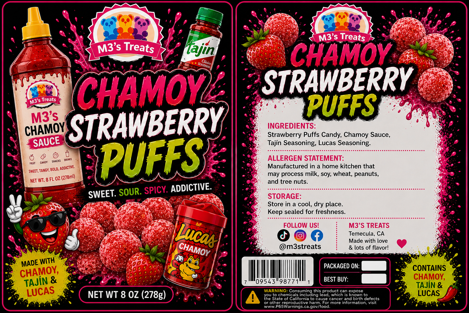 M3's Treats Chamoy Strawberry Puffs label - Sweet, Sour, Spicy, Addictive