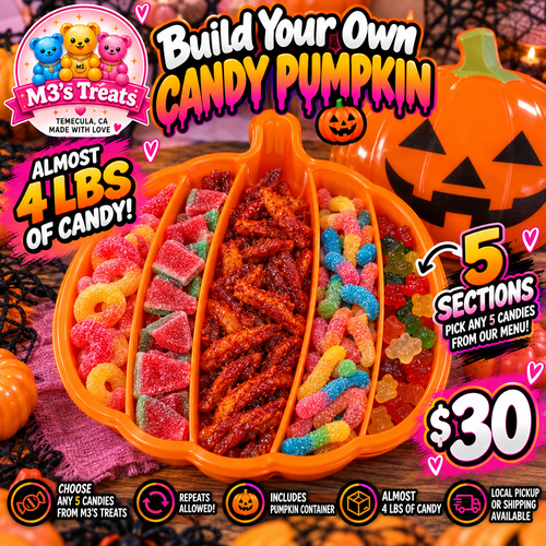 Build Your Own Candy Pumpkin filled with assorted candies and promotional details