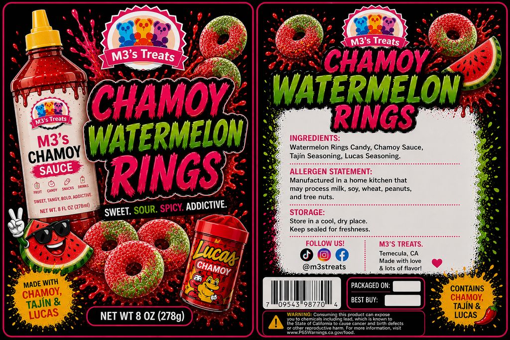 M3's Treats Chamoy Watermelon Rings label - Sweet, Sour, Spicy, Addictive