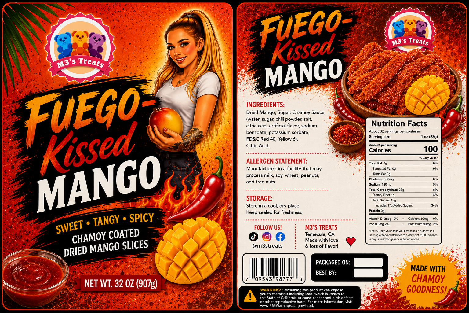 M3's Treats Fuego-Kissed Mango label - Sweet, Tangy, Spicy, Chamoy Coated Dried Mango Slices