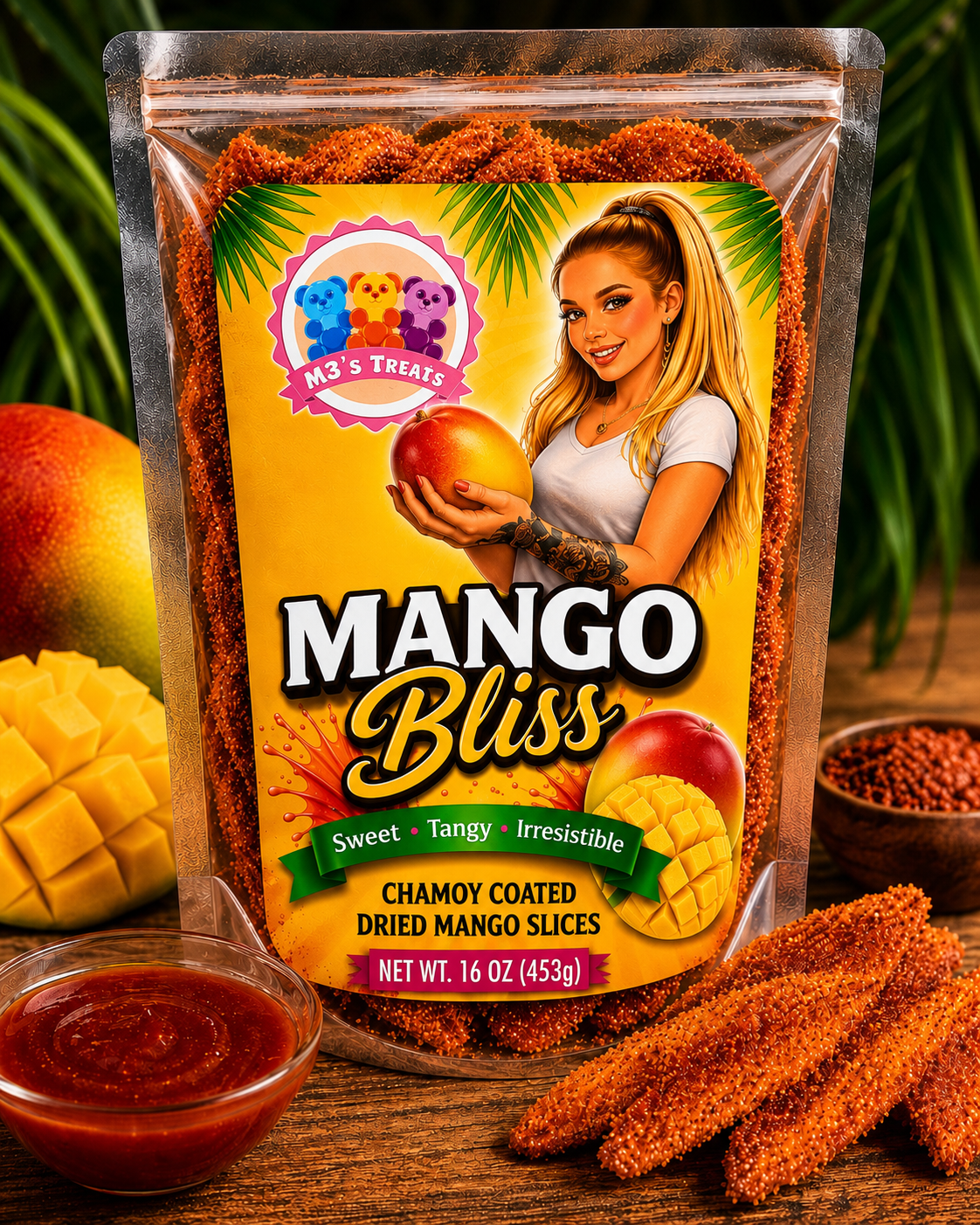 Mango Bliss chamoy coated dried mango slices front packaging