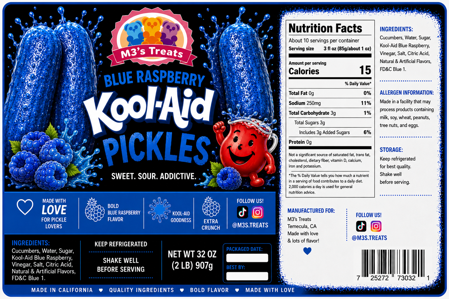 M3's Treats Blue Raspberry Kool-Aid Pickles label - Sweet, Sour, Addictive