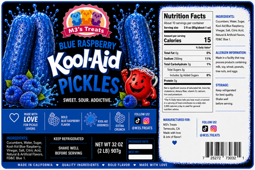 M3's Treats Blue Raspberry Kool-Aid Pickles label - Sweet, Sour, Addictive